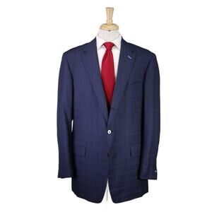 Andrew Lock Custom Tailored Blue Plaid 2-Btn Wool Handmade Suit 46L